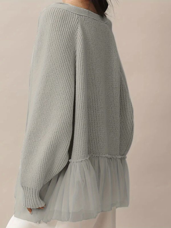 women's elegant loose sweater cardigan with tulle ruffle hem & open front soft warm long sleeve fall winter coat, machine washable casual to semi formal outerwear, solid color versatile layering piece
