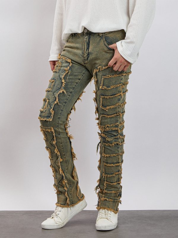 men's slim fit vintage patched distressed denim trousers for casual wear in spring and fall, featuring pockets.