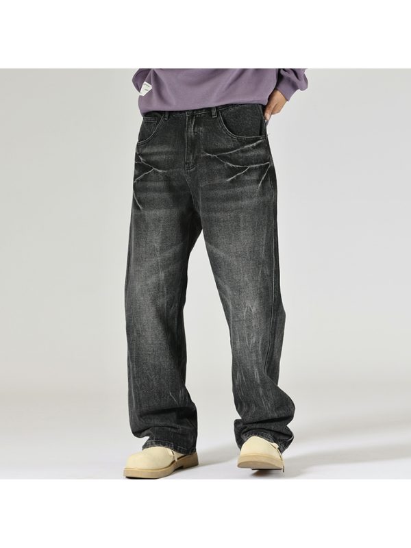 men's vintage faux denim with a black wash, featuring a straight loose fit, stylish large pockets, and a trendy distressed look.