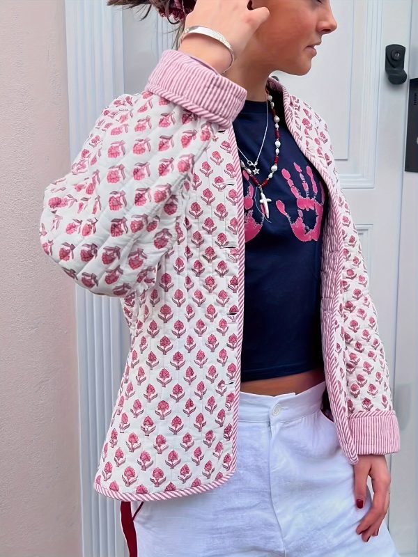 women's y2k floral quilted jacket double sided print, mock neck, long sleeve button coat, casual fallu002fwinter outerwear, machine washable, green & beige floral design, cute jacket