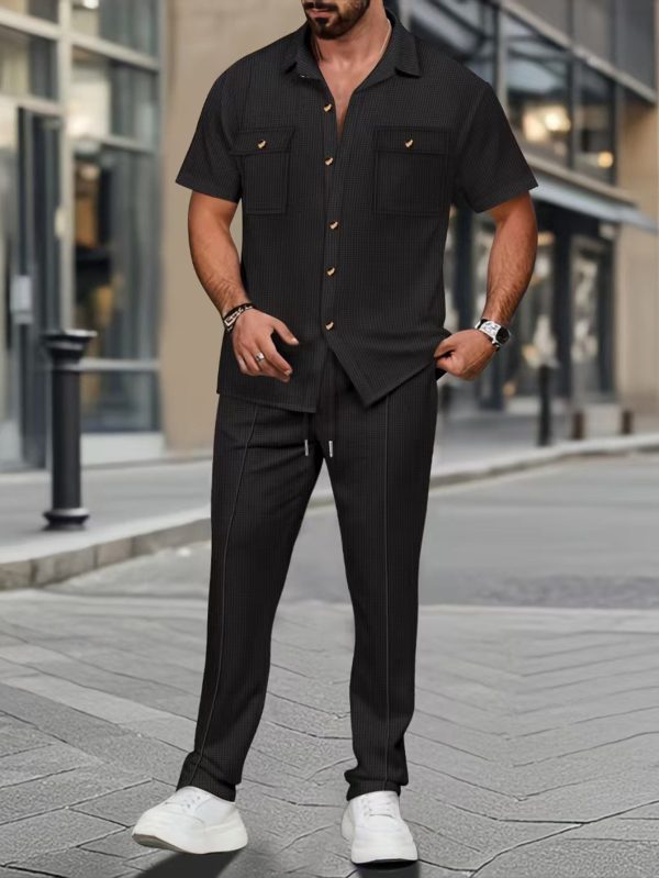 new european and american men's short sleeve shirt set with a collar, featuring a simple classic solid color design. this casual short sleeve shirt and long pants set is perfect for vacation, leisure, daily street wear, and outdoor activities.