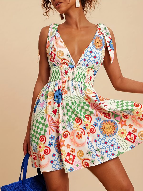 women's floral print sleeveless dress off shoulder v neck, waist cinching ruching & ruffled hem, bold bloom pattern, lightweight machine washable fabric for spring summer fall, casual to evening wear, feminine chic, waistcinching design