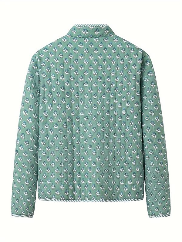women's y2k floral quilted jacket double sided print, mock neck, long sleeve button coat, casual fallu002fwinter outerwear, machine washable, green & beige floral design, cute jacket