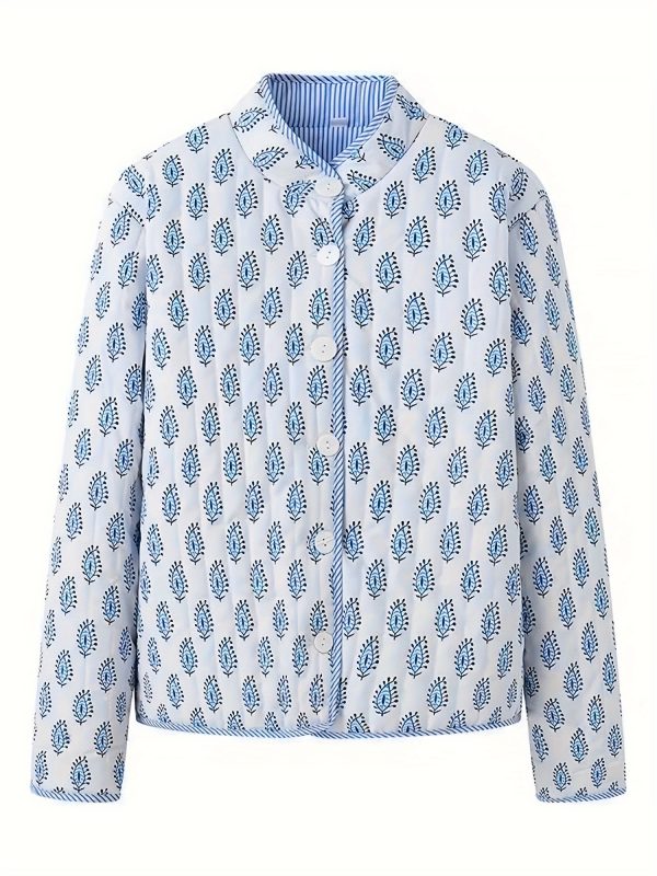 women's y2k floral quilted jacket double sided print, mock neck, long sleeve button coat, casual fallu002fwinter outerwear, machine washable, green & beige floral design, cute jacket