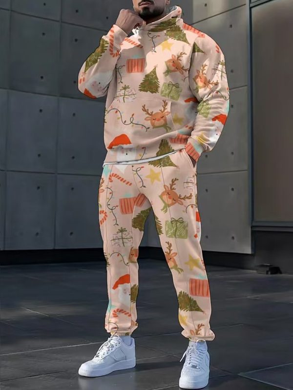 european and american men's new fashion casual sports hooded sweatshirt and casual trousers set christmas graphic print design, street outdoor casual daily men's suit