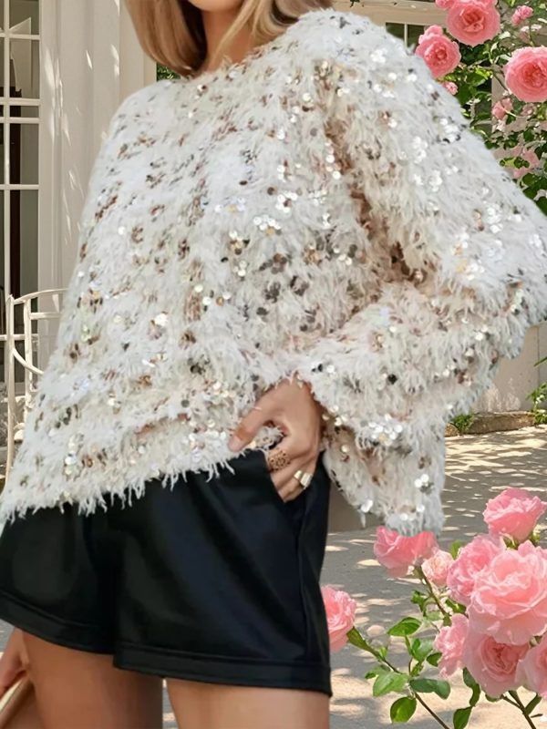 women's y2k sparkling sequin sweater with tassel hem & fringe sleeve details loose fit crew neck long sleeve pullover, all season party & everyday winter fall tops (hand washu002fdry clean) no stretch fabric