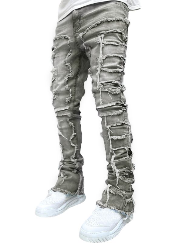 men's slim fit vintage patched distressed denim trousers for casual wear in spring and fall, featuring pockets.