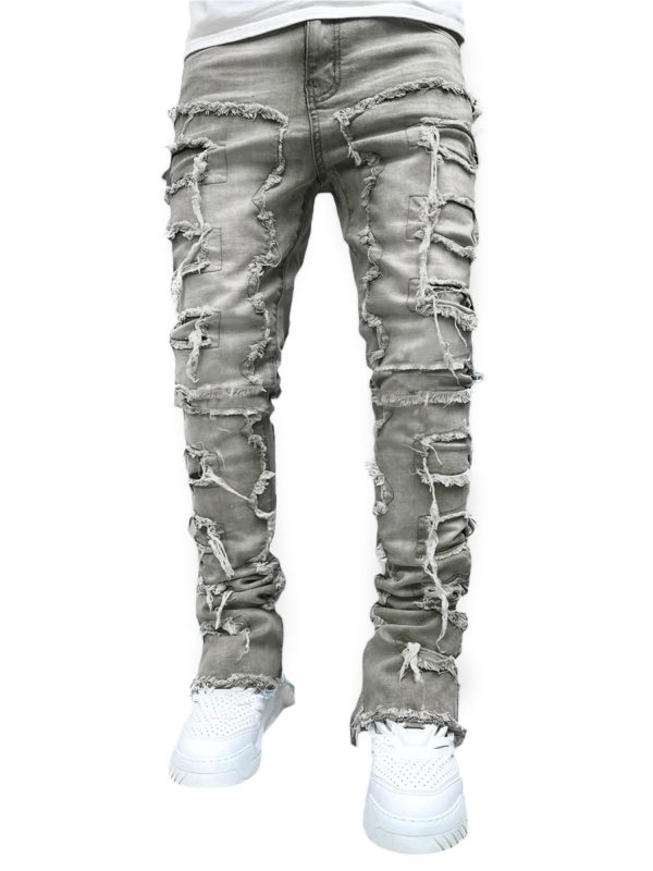 men's slim fit vintage patched distressed denim trousers for casual wear in spring and fall, featuring pockets.