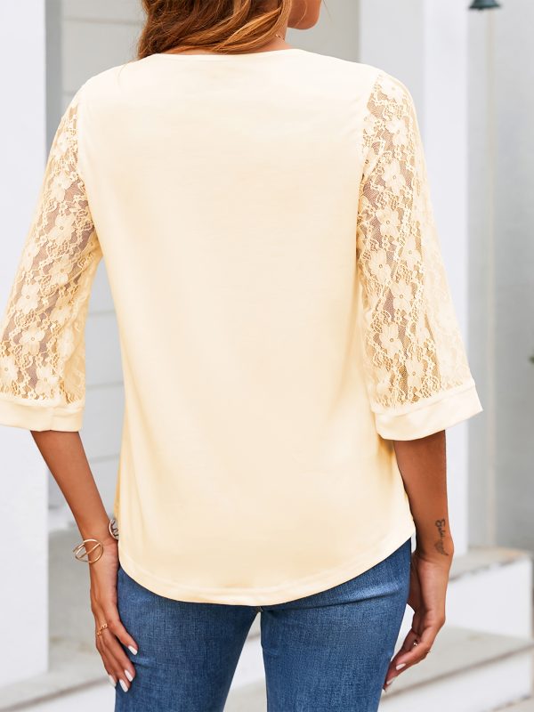 womens 3u002f4 sleeve patchwork half lace sleeve tops casual spring summer elegant solid blouses