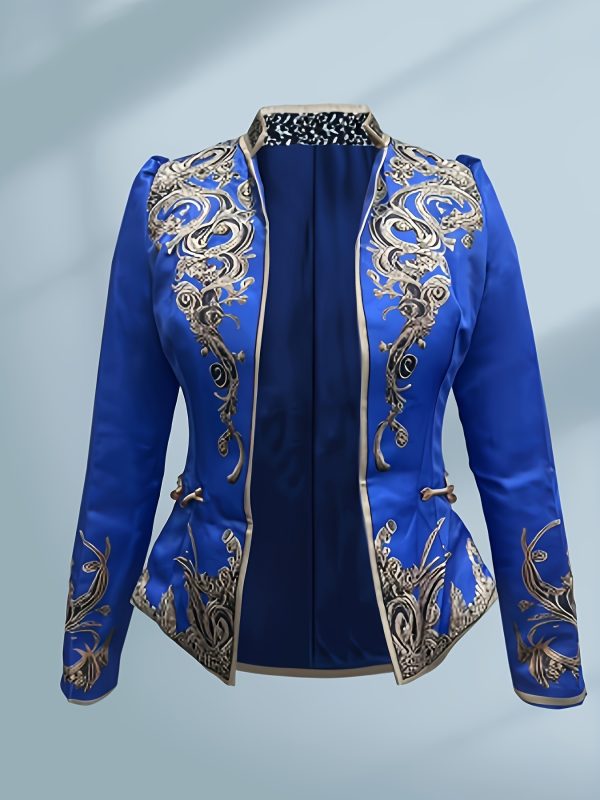 vintage floral stand collar long sleeve jacket blue & golden floral print, 100% polyester, machine washable, springu002ffall lightweight jacket for casual & formal wear