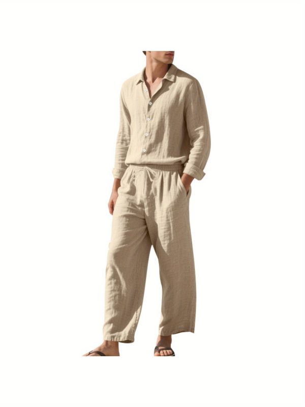1 set (2 pack) men's button lapel long sleeve shirt and pants set breathable fabric, elastic waistband drawstring perfect for beach vacations, outdoor adventures, summer travel, daily leisure sizes s to xxxl