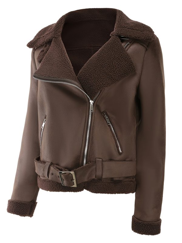 women's autumn winter warm suede jacket with belt & lapel collar casual long sleeve button front zipper closure, machine washable solid color regular fit for everyday casual wear
