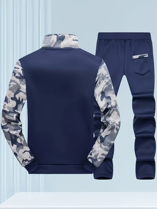 men's camouflage hoodie, spring and autumn long sleeved casual sports suit, fleece hoodie two piece set, stand up collar cardigan