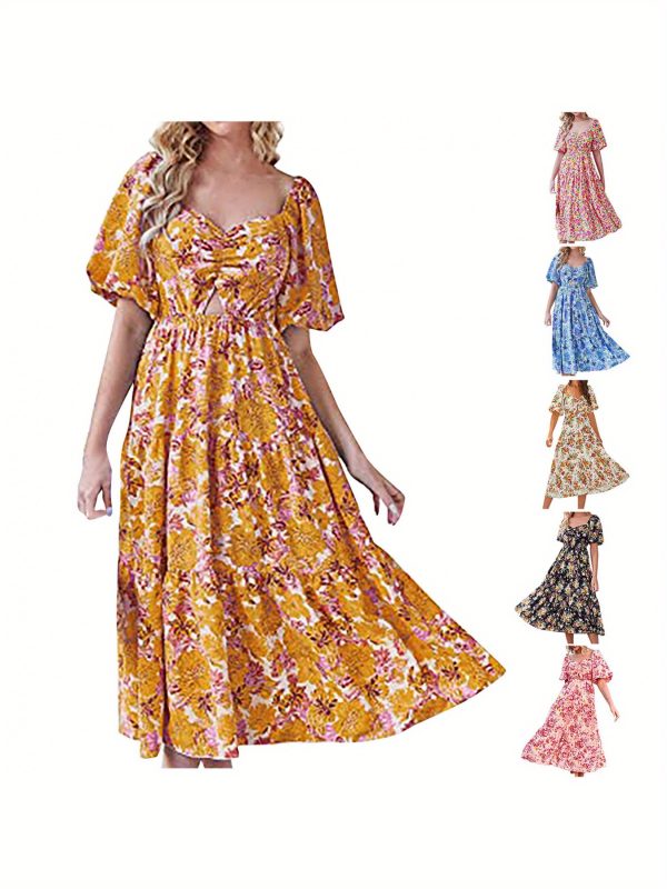 women's elegant bohemian floral like digital print a line flared mid high waistdress flared hem, for beach, party, everyday springu002fsummer outfits, party outfit, vneck design, lightweight fabric, versatile clothing, summer wardrobe