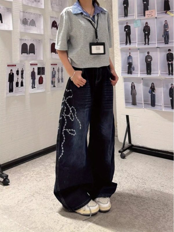 american retro design, thorny rose embroidered jeans for couples, high waisted hip hop floor length curved knife pants for both men and women