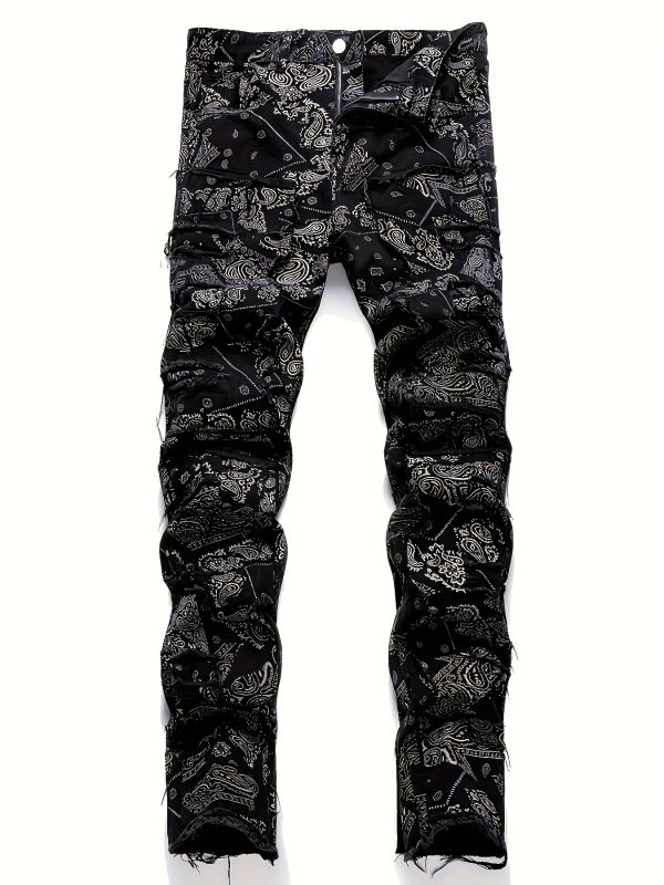 men's elastic waist, trendy fringed print distressed denim pants