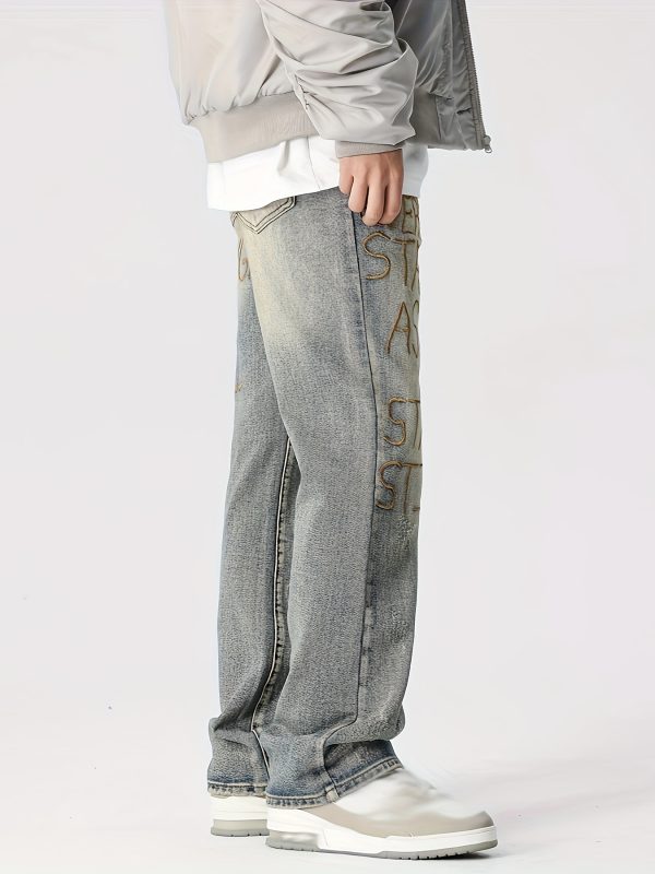 men's distressed blue straight leg jeans with embroidered