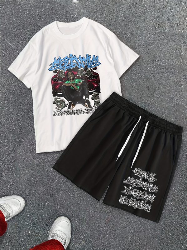 summer shorts short sleeve suit, rock hip hop printed street style two piece costume, men's t shirt and drawstring shorts suit with pocket, quick drying sports suit, comfortable and breathable, street costume y2k.