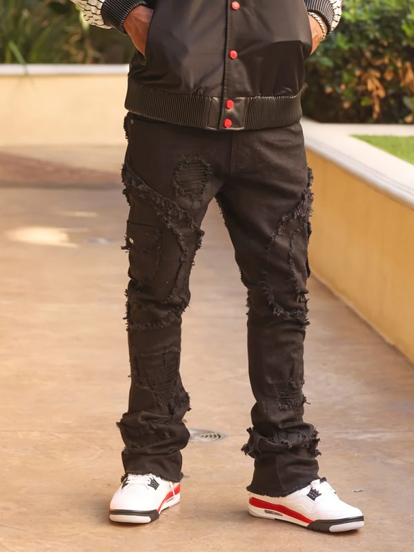 mens black stacked jeans slim fit ripped jeans destroyed straight denim pants harajuku hip hop trouser streetwear 4pcs