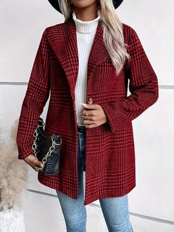 women's slim fit plaid coat casual long sleeve button up with lapel collar, brown & white checkered pattern, perfect for fallu002fwinter, stylish outerwear | checkered pattern coat | buttonup coat