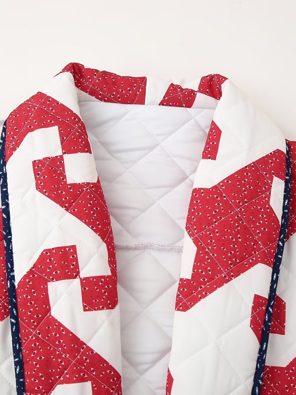 women's stylish red & white floral print quilted jacket loose fit long sleeve coat with puffy shoulders, black trim, and black beanie hat, perfect for fall fashion, autumn outerwear | puffy shoulder design | quilted texture