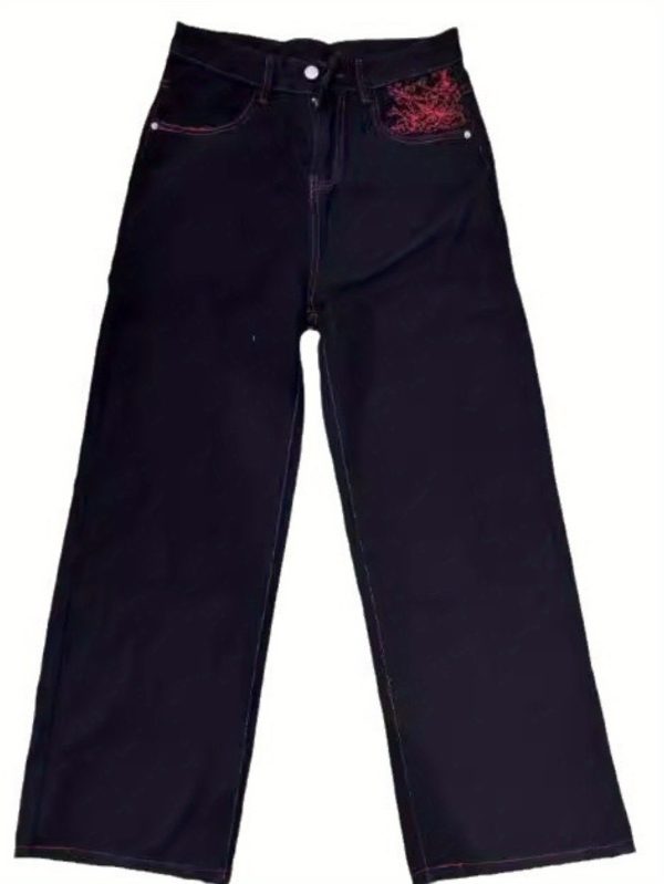 men's american retro embroidered streetwear hip hop wide leg high waist jeans loose fit, black with red cross & star design, casual fashion, all season comfort, streetwear fashion, bold fashion statement, durable fashion