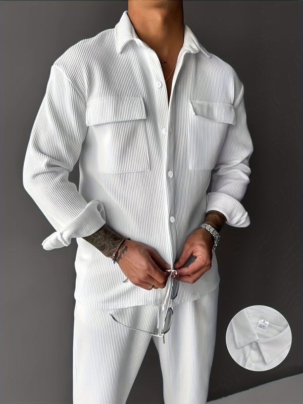 men's striped casual shirt set | new fashion roll button shirt with casual pocket drawstring trouser set for daily casual vacation