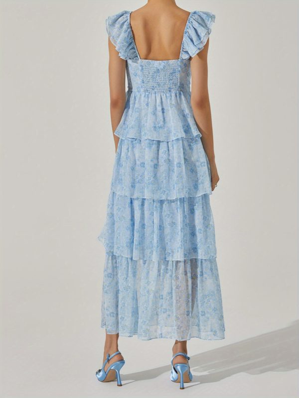 women's floral dress stylish multi layered ruffles split cap sleeve long a line dress for spring summer