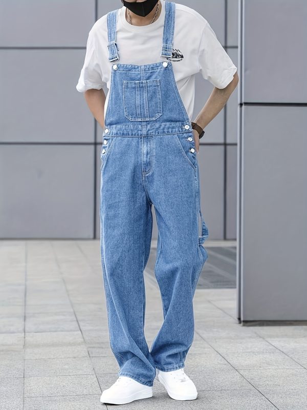 men's casual light blue denim overalls loose fit, adjustable straps, pockets, machine washable, all season comfort, relaxed outfit | classic overalls | washed texture