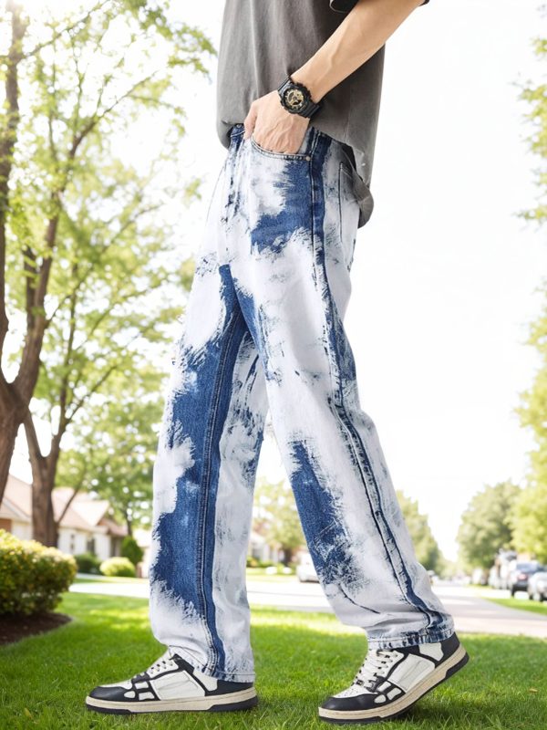 men's color blocking jeans, heavy duty craftsmanship, casual straight leg pants, fashionable and versatile, high quality and wear resistant long pants