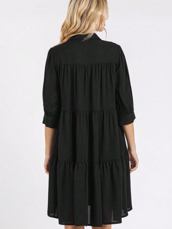 womens casual babydoll chic tiered ruffle flowy midi dress black three quarter length sleeve round neck loose fit lightweight breathable summer spring daily wear