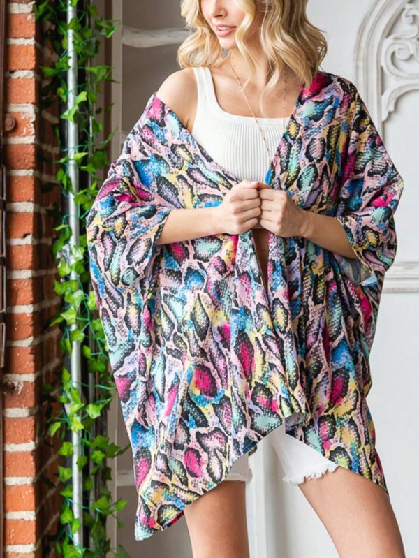 womens casual beach cover up chic multicolor snake print loose flowing kimono cardigan open front batwing sleeve asymmetric hem lightweight breezy summer vacation resort wear swimsuit coverup
