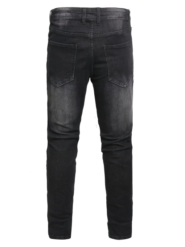 men's black jeans distressed ripped design, stretch denim fabric, mid rise fit with zipper fly closure, perfect for casual or night out, casual jeans | midrise jeans | distressed jean