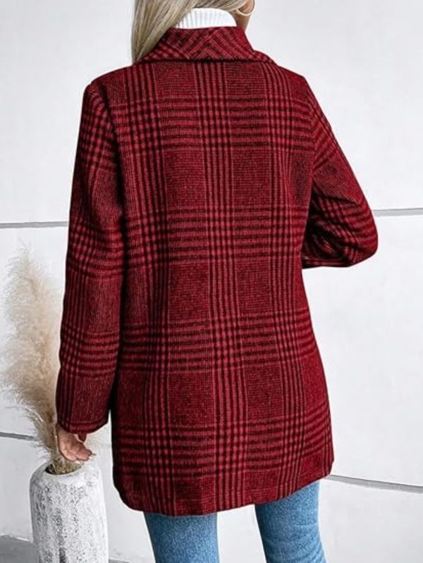 women's slim fit plaid coat casual long sleeve button up with lapel collar, brown & white checkered pattern, perfect for fallu002fwinter, stylish outerwear | checkered pattern coat | buttonup coat