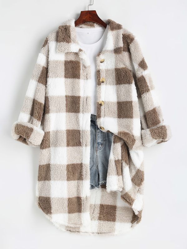 chic women's plaid fleece coat casual long jacket with button detail, machine washable perfect for fallu002fwinter