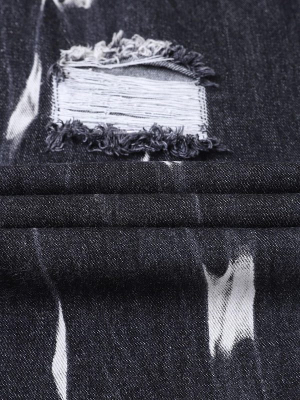 men's straight leg slim fit distressed black faux denim mid rise blend, casual street style with ripped details, comfortable and versatile, suitable for casual wear, stylish long pants, durable fabric