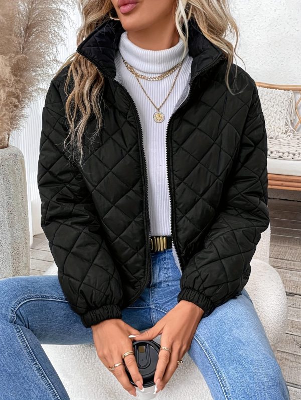 women's elegant warm fleece lined quilted jacket soft, velvet like, long sleeve, solid color, regular fit, zip up, ideal for fall & winter, casual style, casual winter wear | elegant casual jacket | soft fleece lining