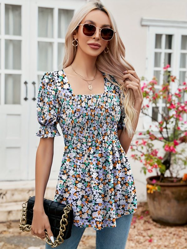 women's tunics square neck puff short sleeve smocked top ladies peplum blouse tee shirts 2024 spring summer s xl