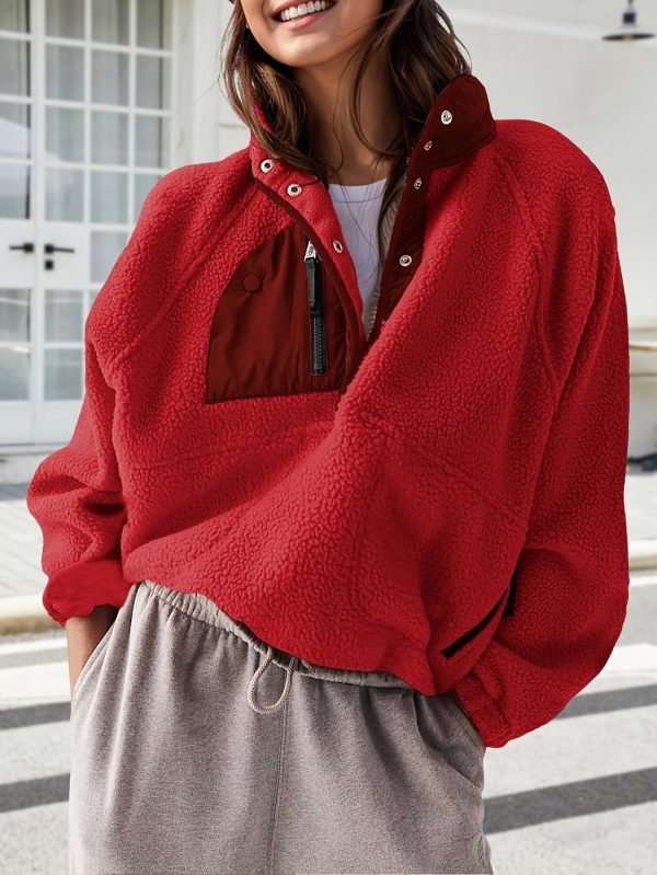 women's lightweight fuzzy fleece pullover jacket fallu002fwinter color block design, casual stand collar, raglan long sleeves, two side zipper pockets, loose fit, machine washable