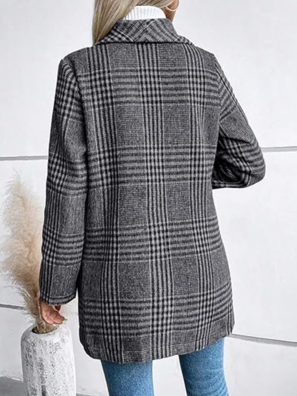 women's slim fit plaid coat casual long sleeve button up with lapel collar, brown & white checkered pattern, perfect for fallu002fwinter, stylish outerwear | checkered pattern coat | buttonup coat
