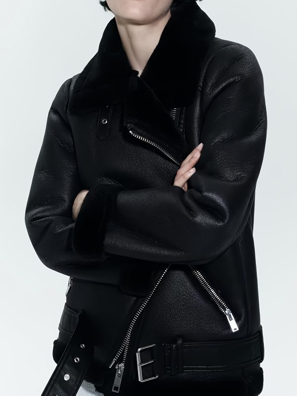 women's elegant motorcycle jacket zippered front closure, non stretchy outerwear coat for fallu002fwinter, chic cold weather jacket for everyday & formal events