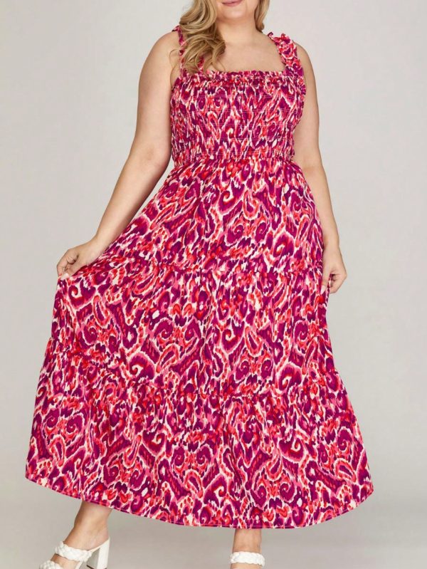 womens casual bohemian chic ruffle strap abstract print smocked maxi dress flowing pink purple pattern square neck sleeveless full length lightweight summer beach vacation party