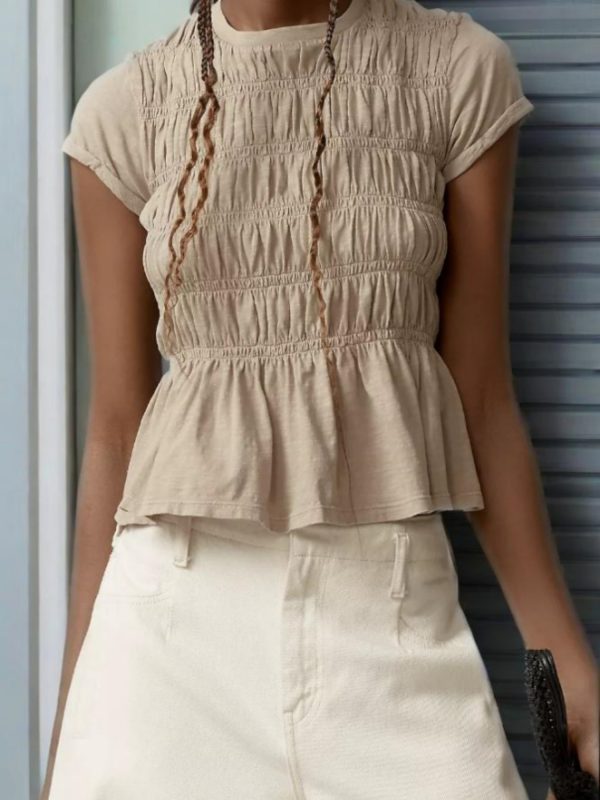 women's elegant smocked summer short sleeve top slim fit ruffle hem & cap sleeve blouse with shirred neckline, round neck casual to semi formal shirt, machine washable solid color going out blouse