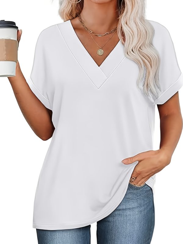 women's tops short bat sleeve shirt fashionable v neck clothing, casual and versatile