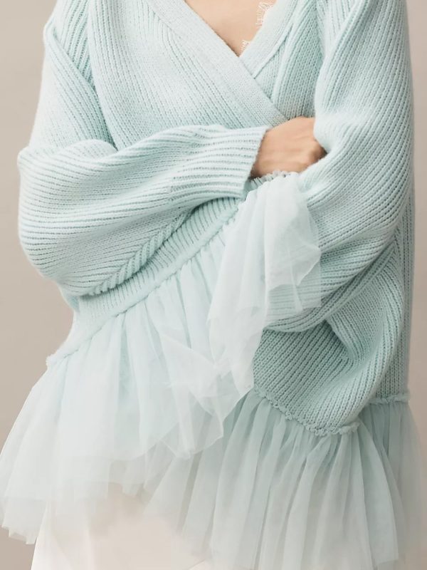 women's elegant loose sweater cardigan with tulle ruffle hem & open front soft warm long sleeve fall winter coat, machine washable casual to semi formal outerwear, solid color versatile layering piece