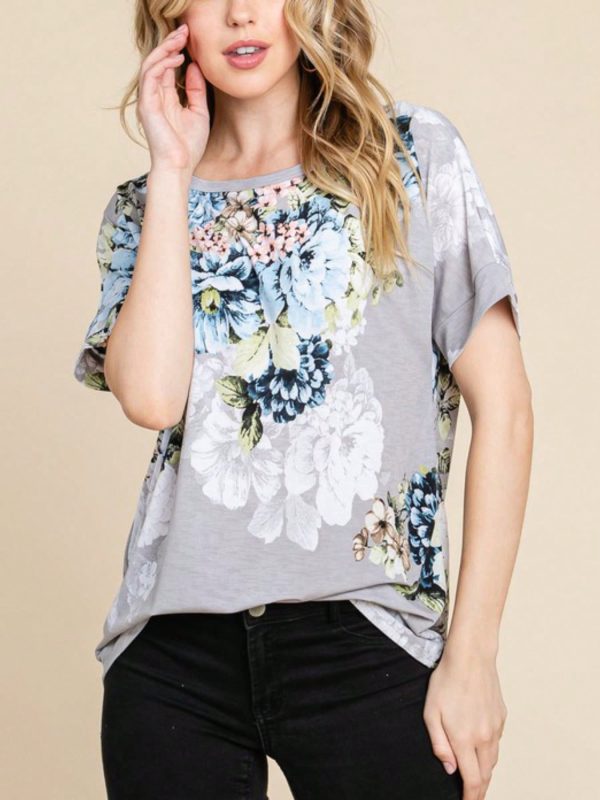 womens casual floral print chic romantic watercolor blooms short sleeve top grey base blue white flowers rounded neckline lightweight summer spring daily wear relaxed fit dolman sleeve blouse