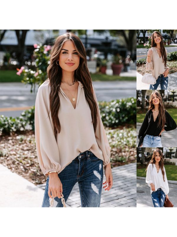 women's elegant v neck long sleeve shirt solid black loose fit casual to semi formal top, lightweight breathable non stretch fabric for spring summer fall, versatile everyday & special occasion blouse