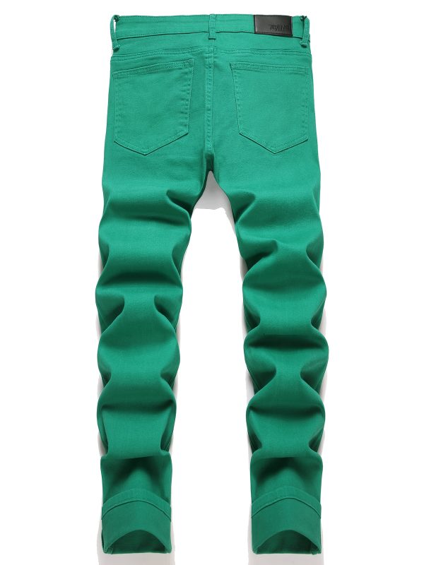 fashionable slim fit faux denim pants for men and women with ripped patches and elastic.