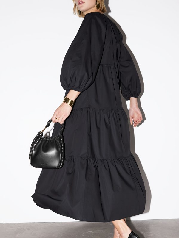 elegant tie front a line midi dress for women long sleeve, round neck, flowy polyester perfect for springu002fsummer