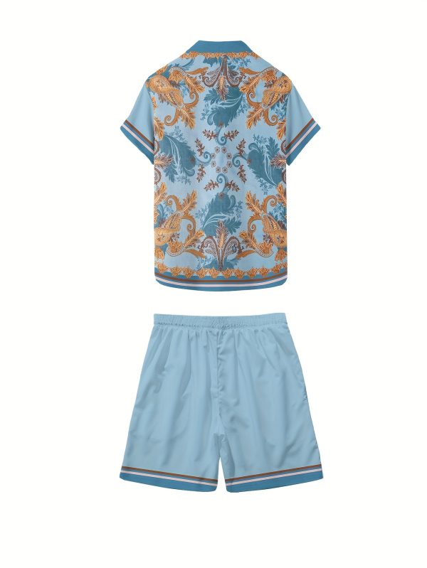 european and american men's fashion morandi color scheme with lake blue and orange contrast, ethnic print design casual shirt and shorts set